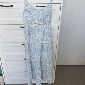 Aqua Blue and White Lace-Trim Midi Dress